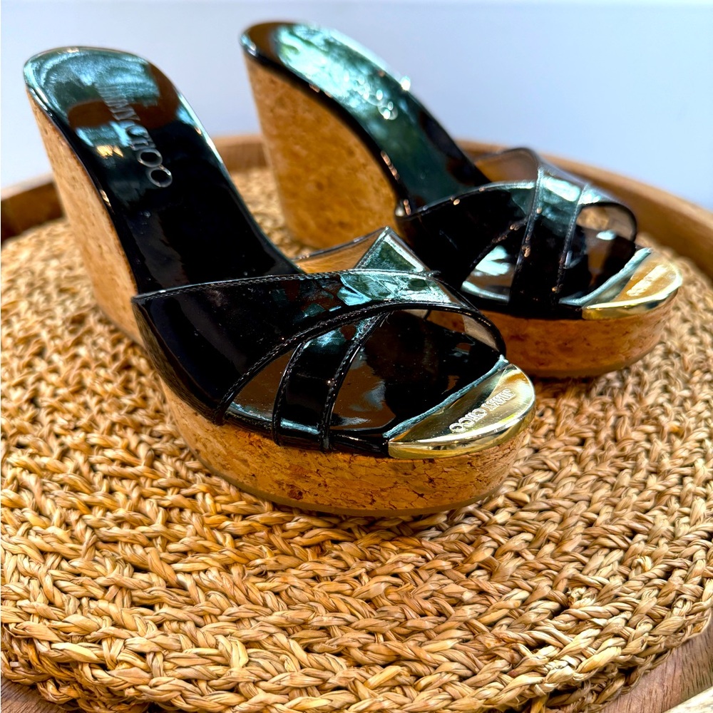 Jimmy Choo Black Patent Leather Perfume Cork Wedge Sandals